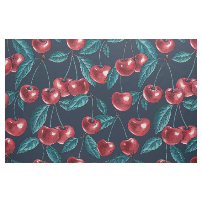 Tela Cerezas rojas en azul oscuro ("Cuarto gordo" (fat quarter))