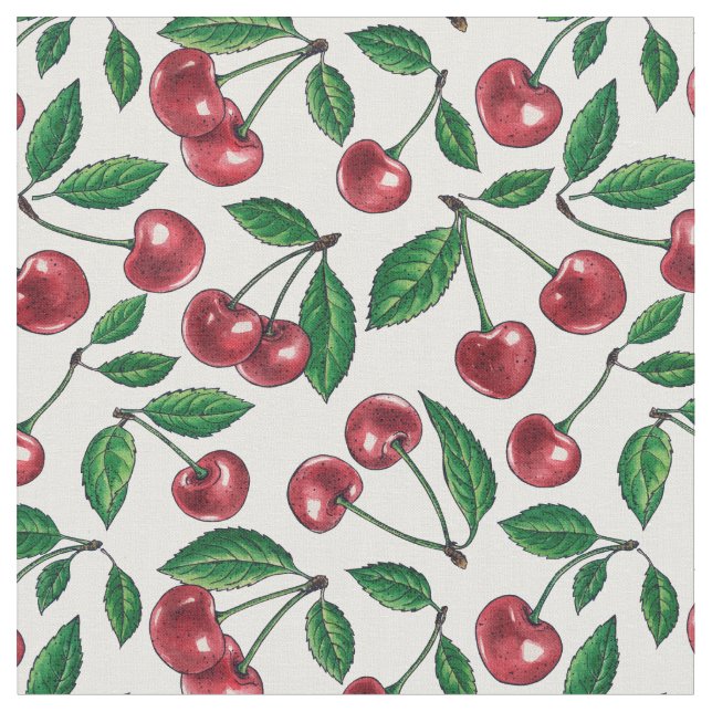 Tela Cerezas rojas en blanco (De cerca)
