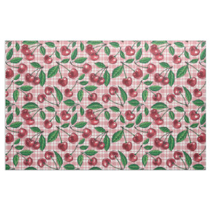 Tela Cerezas rojas en gingham rosa
