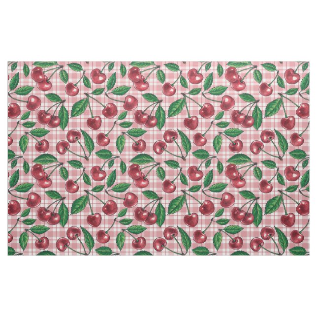 Tela Cerezas rojas en gingham rosa ("Cuarto gordo" (fat quarter))