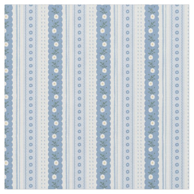 Tela Chambray Blue Scallop Vine Floral Stripe (De cerca)