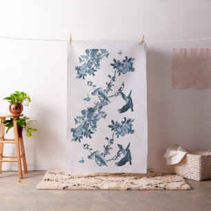 Tela Chinoiserie con estilo Floral blanca azul