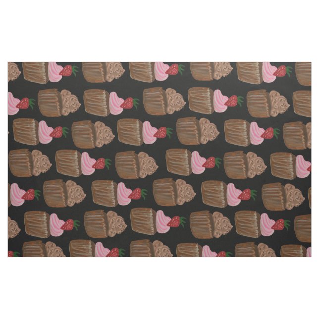 Tela Chocolate Cupcake Strawberry Pattern Black ("Cuarto gordo" (fat quarter))