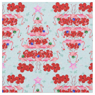 Tela Christmas Tree Holiday Santa Flamingos on Cool Blu