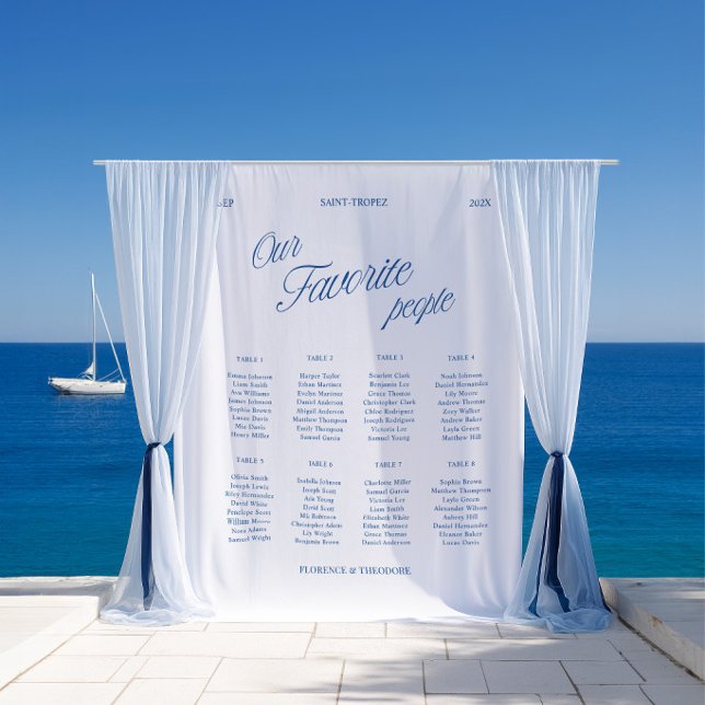Tela Clásica para Gráfico de Asientos de Boda con  (Classic Blue Script Wedding Seating Chart Fabric Tapestry)