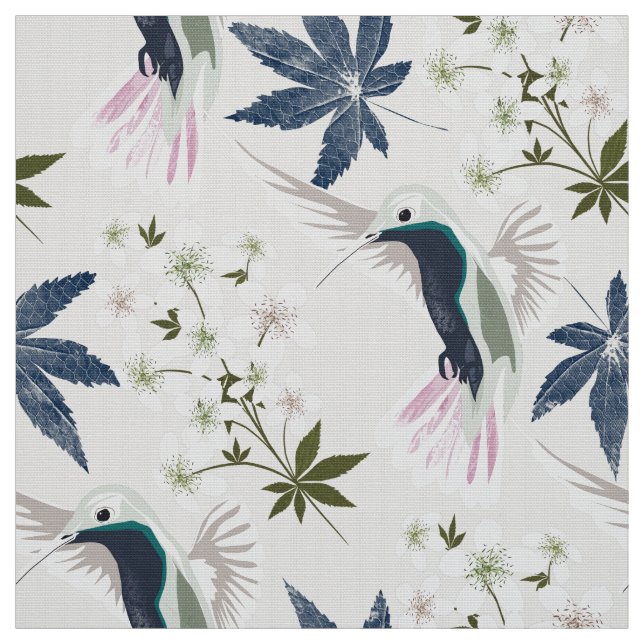 Tela Colibríes y flores blancas. (Retal)