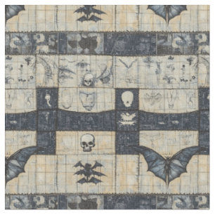 Tela Collage de mezclilla de cráneo gótico y murciélago