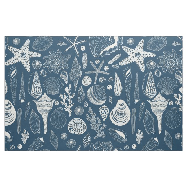 Tela Conchas marinas sobre azul oscuro ("Cuarto gordo" (fat quarter))