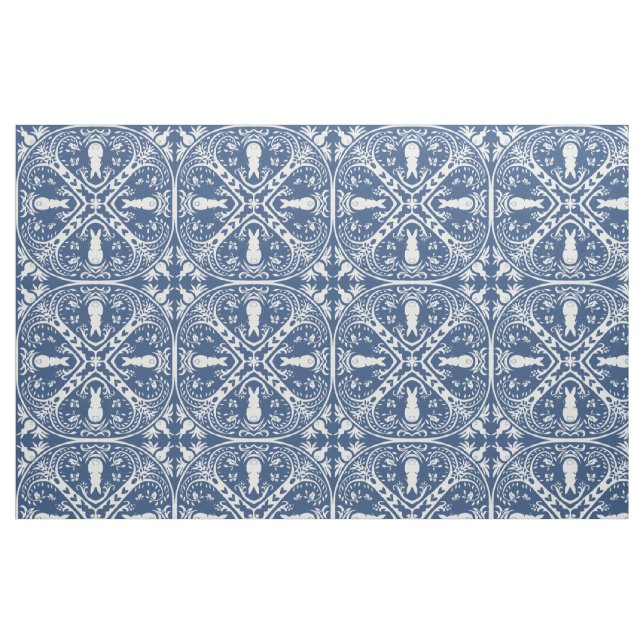 Tela Conejo azul y blanco de la marina Tile Delft Dedha ("Cuarto gordo" (fat quarter))