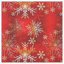 Copos de nieve blancos y dorados con fondo rojo