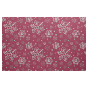Tela Copos de nieve plateados en rojo oscuro
