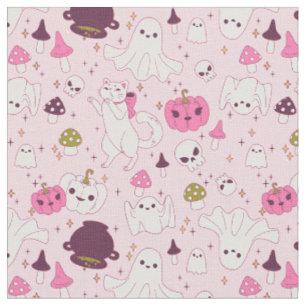 Tela coquette rosa halloween bruja gato fantasma cráneo
