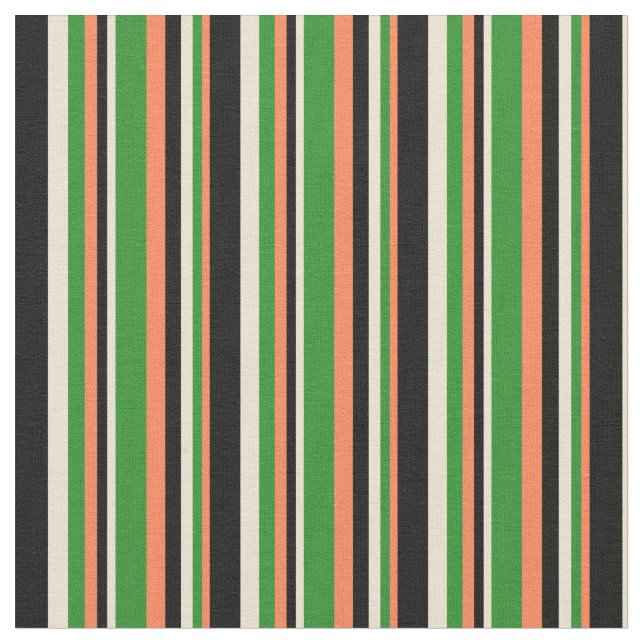 Tela Coral, verde forestal, Beige y rayas negras (De cerca)