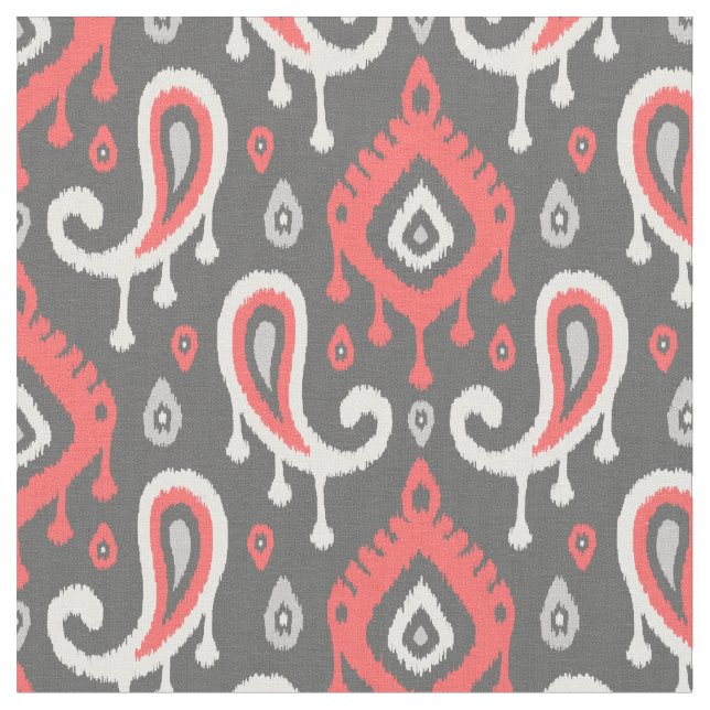 Tela Coral y Grey Ikat Paisley (De cerca)