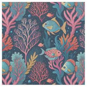 Tela Coral y Peces Submarinos - Patrón Acuático Oceánic