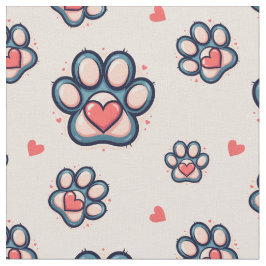 Tela Corazones Adorables y Huellas de Patas de Algodón