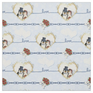 Tela Corazones Pingüinos Bodas En Azul