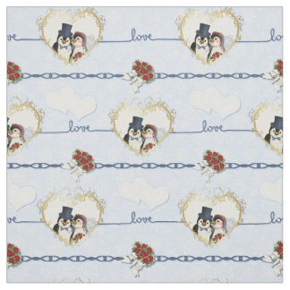 Tela Corazones Pingüinos Bodas En Azul