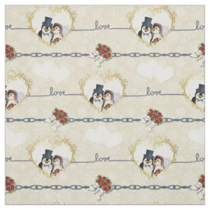 Tela Corazones Pingüinos Bodas En Beige