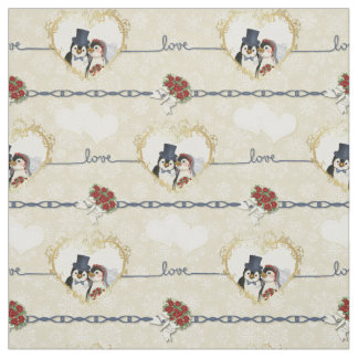 Tela Corazones Pingüinos Bodas En Beige