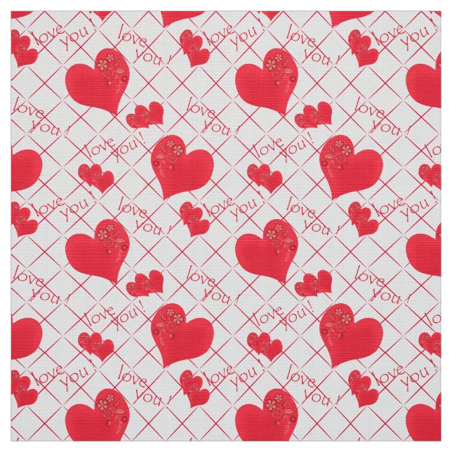 Tela Corazones rojos, texto, "te amo" . (Retal)