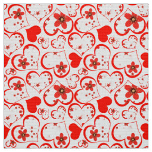 Tela Corazones rojos y flores en un fondo blanco.