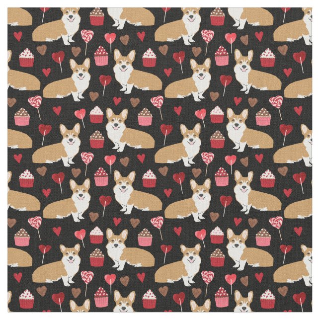 Tela Corgi Valentines Fabric - negro (De cerca)