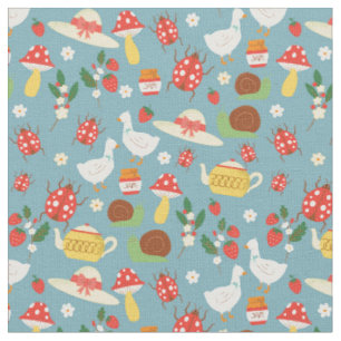 Tela cottagecore pato azul ladybugs hongos