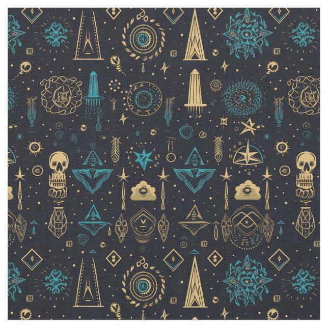 Tela Create Your Own Blue & Gold Magic Symbols Black (De cerca)