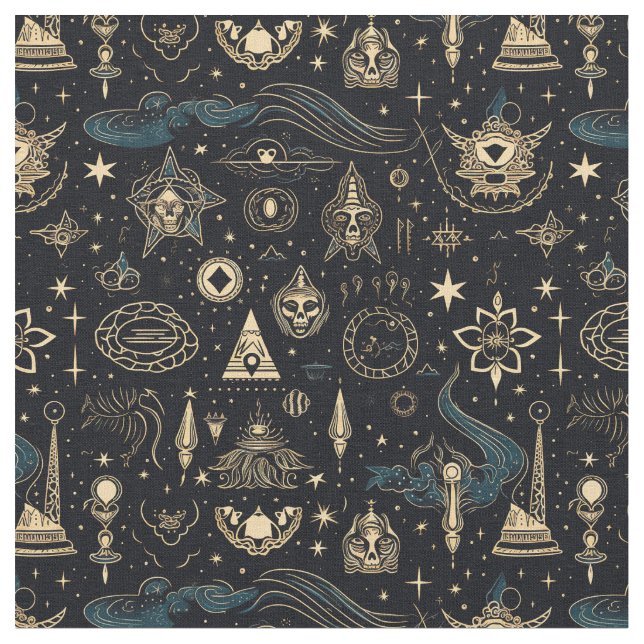 Tela Create Your Own Blue & Gold Pagan Symbols Black (De cerca)