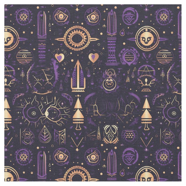 Tela Create Your Own Purple & Gold Sacred Symbols Black (De cerca)