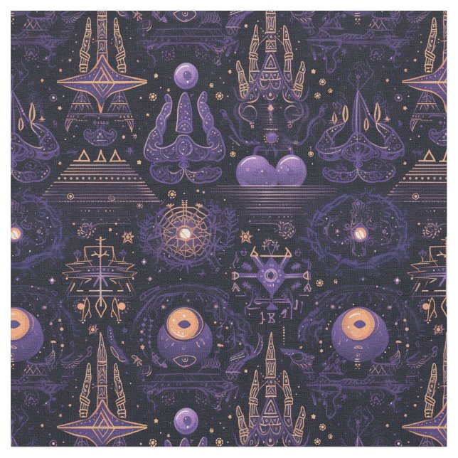 Tela Create Your Own Purple & Gold Witchy Symbols Black (De cerca)