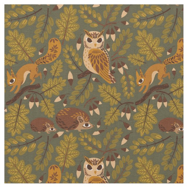 Tela Criaturas de bosques y patrón de hojas (De cerca)