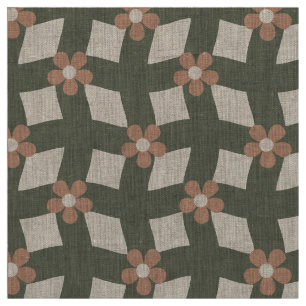 Tela Cuadrícula floral abstracta de olivo grande - Lino