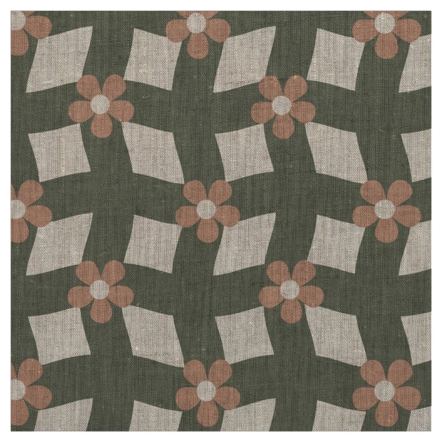 Tela Cuadrícula floral abstracta de olivo grande - Lino (Retal)