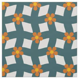 Tela Cuadricula Floral Naranja Verde Teal Algodón Twill