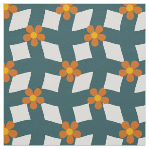 Tela Cuadricula Floral Naranja Verde Teal Algodón Twill