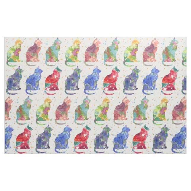 Tela Cuadros de flores de acuarela de gatos ("Cuarto gordo" (fat quarter))