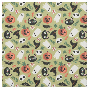 Tela Cuadros y calabazas Olive Black Halloween Pattern