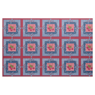 Tela Cuchillo rojo de cerezas azules de Gingham