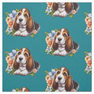 Tela Cute Basset Hound Puppy Sentado con Flores