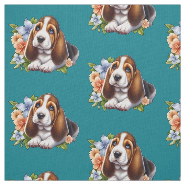 Tela Cute Basset Hound Puppy Sentado con Flores (Retal)