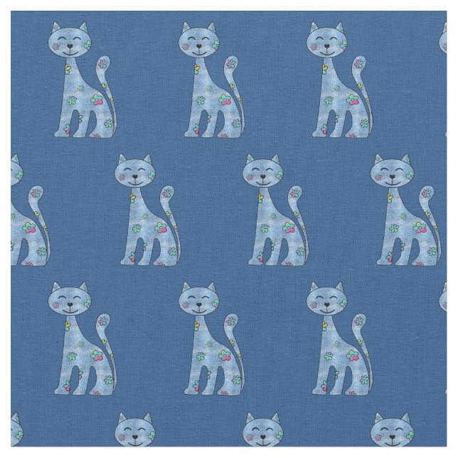 Tela Cute Denim n Flores Personalizado Cat Fabric (De cerca)