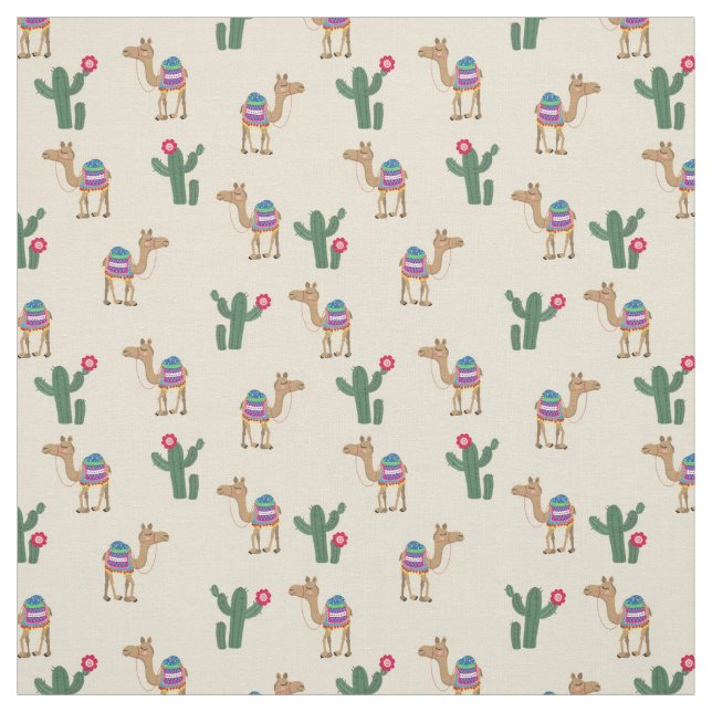 Tela Cute Dromedary Camel and Cactus Fabric (Retal)
