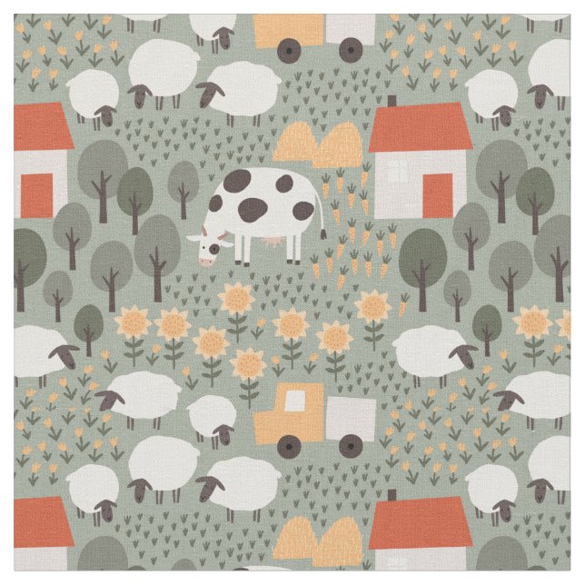 Tela Cute Farm Scene Pattern (De cerca)