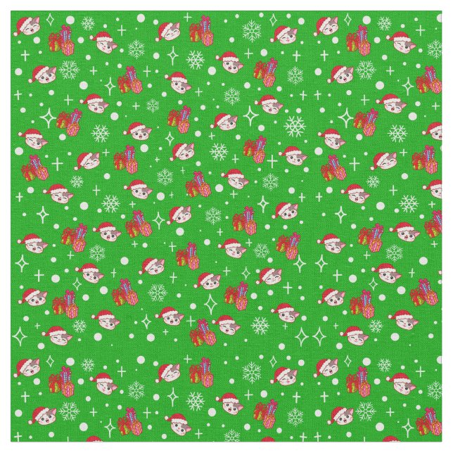 Tela Cute Navidades Kitty Green Holiday Fabric (De cerca)