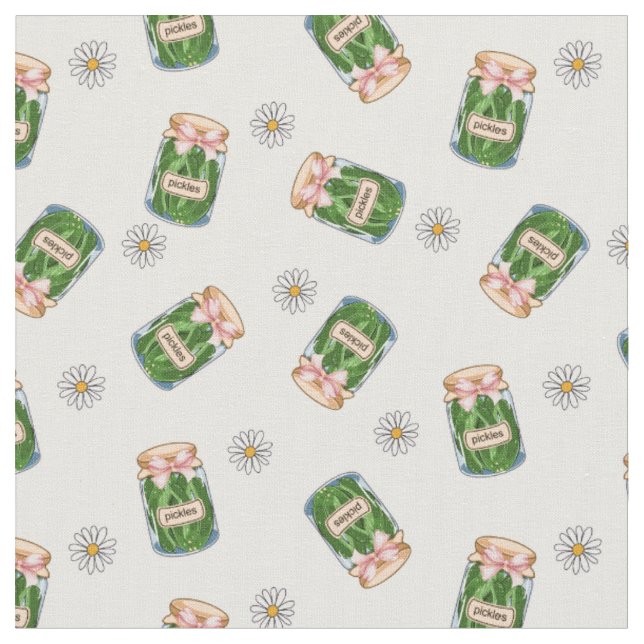 Tela Cute Pickle Jar y Daisy Seamless Pattern Fabric (De cerca)