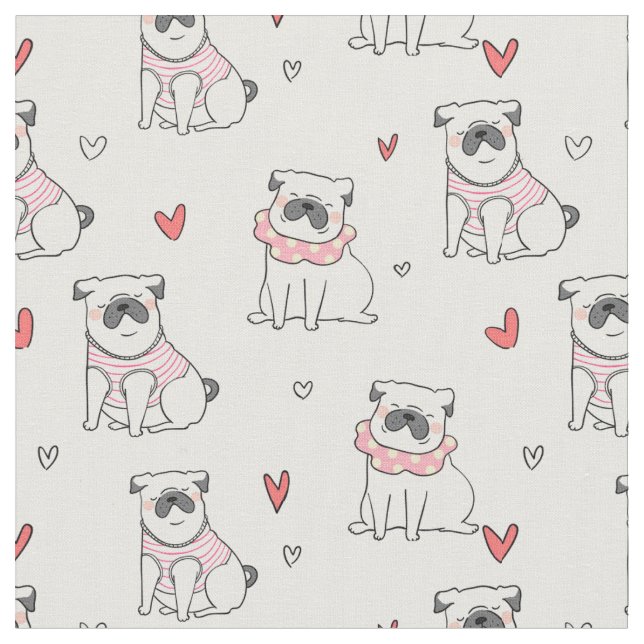 Tela Cute Pugs and Hearts (De cerca)