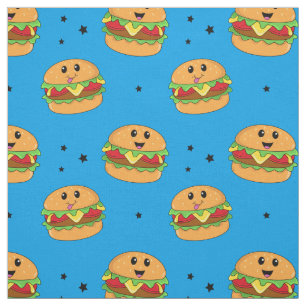Tela Cuto patrón de hamburguesa de queso kawaii en azul
