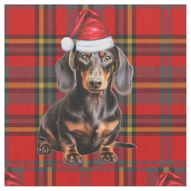 Tela Dachshund with a Red Green Plaid Holiday Fabric (De cerca)